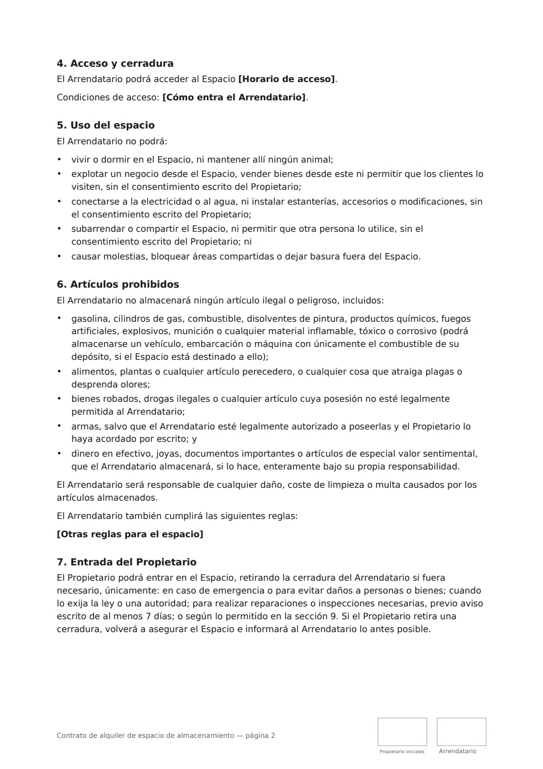 Contrato de alquiler de espacio de almacenamiento: página 2 de 4