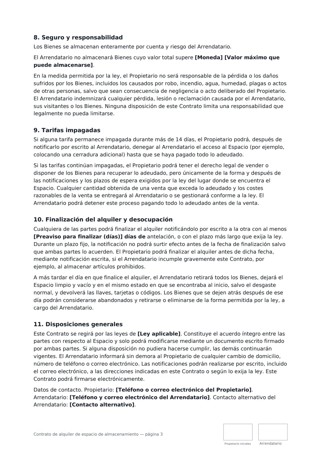 Contrato de alquiler de espacio de almacenamiento: página 3 de 4