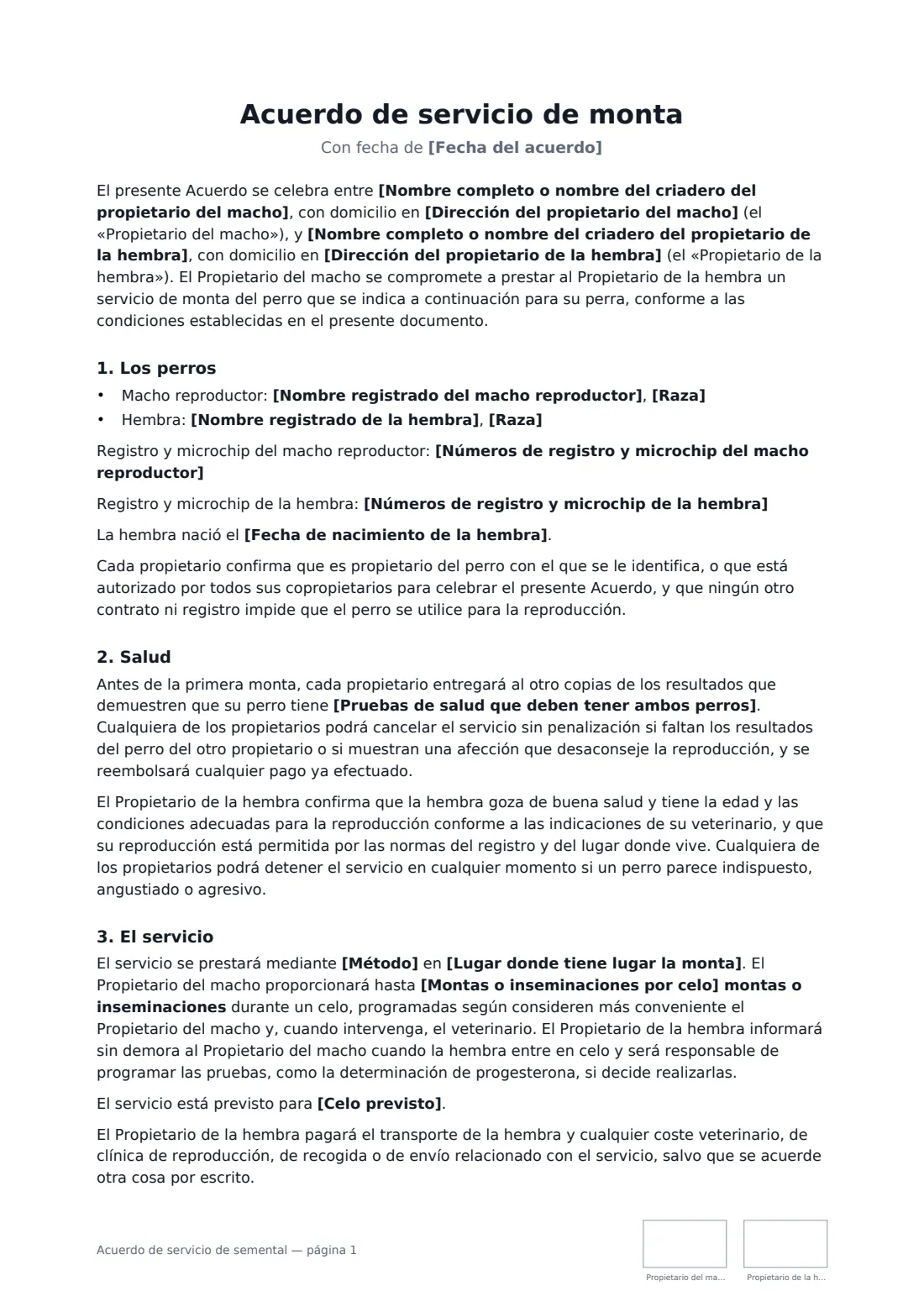 Acuerdo de servicio de semental: página 1 de 3