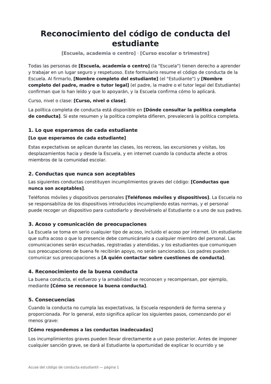 Acuse del código de conducta estudiantil: página 1 de 2