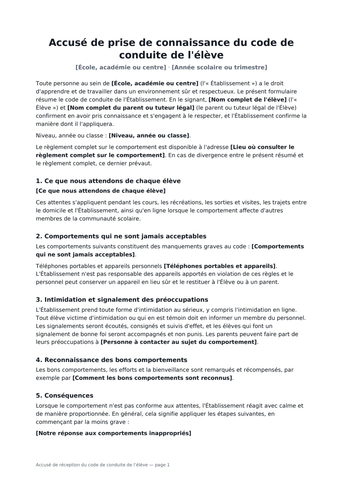 Accusé de réception du code de conduite de l’élève — page 1 sur 2