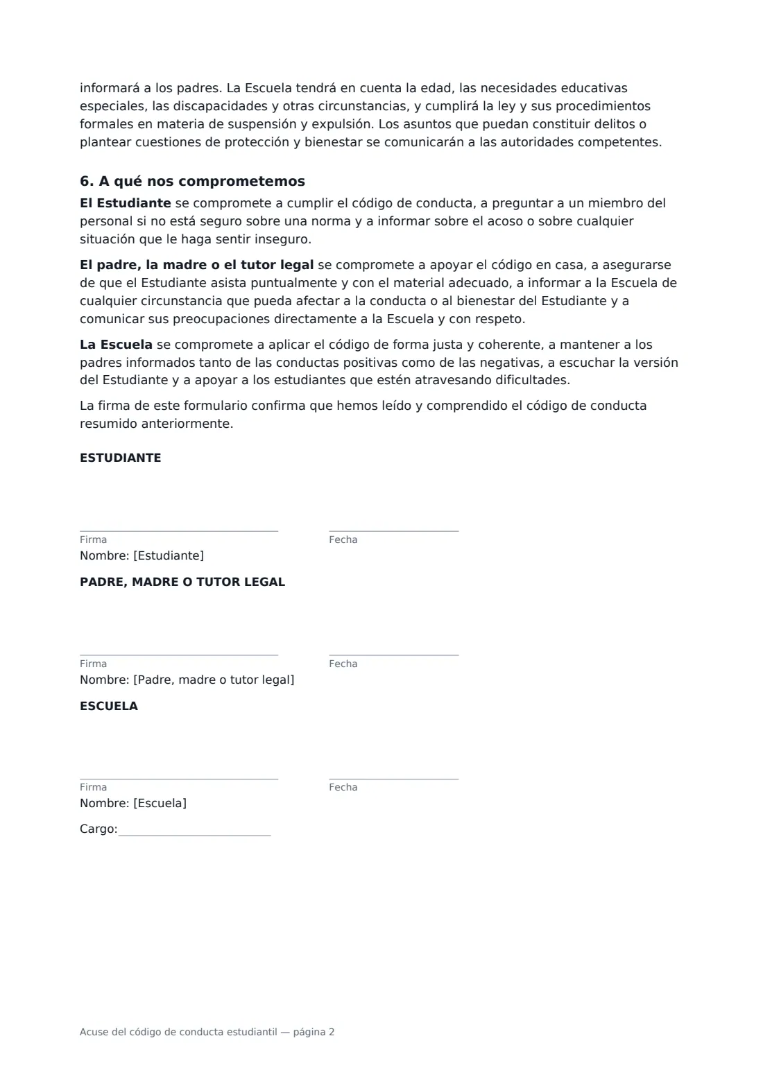 Acuse del código de conducta estudiantil: página 2 de 2