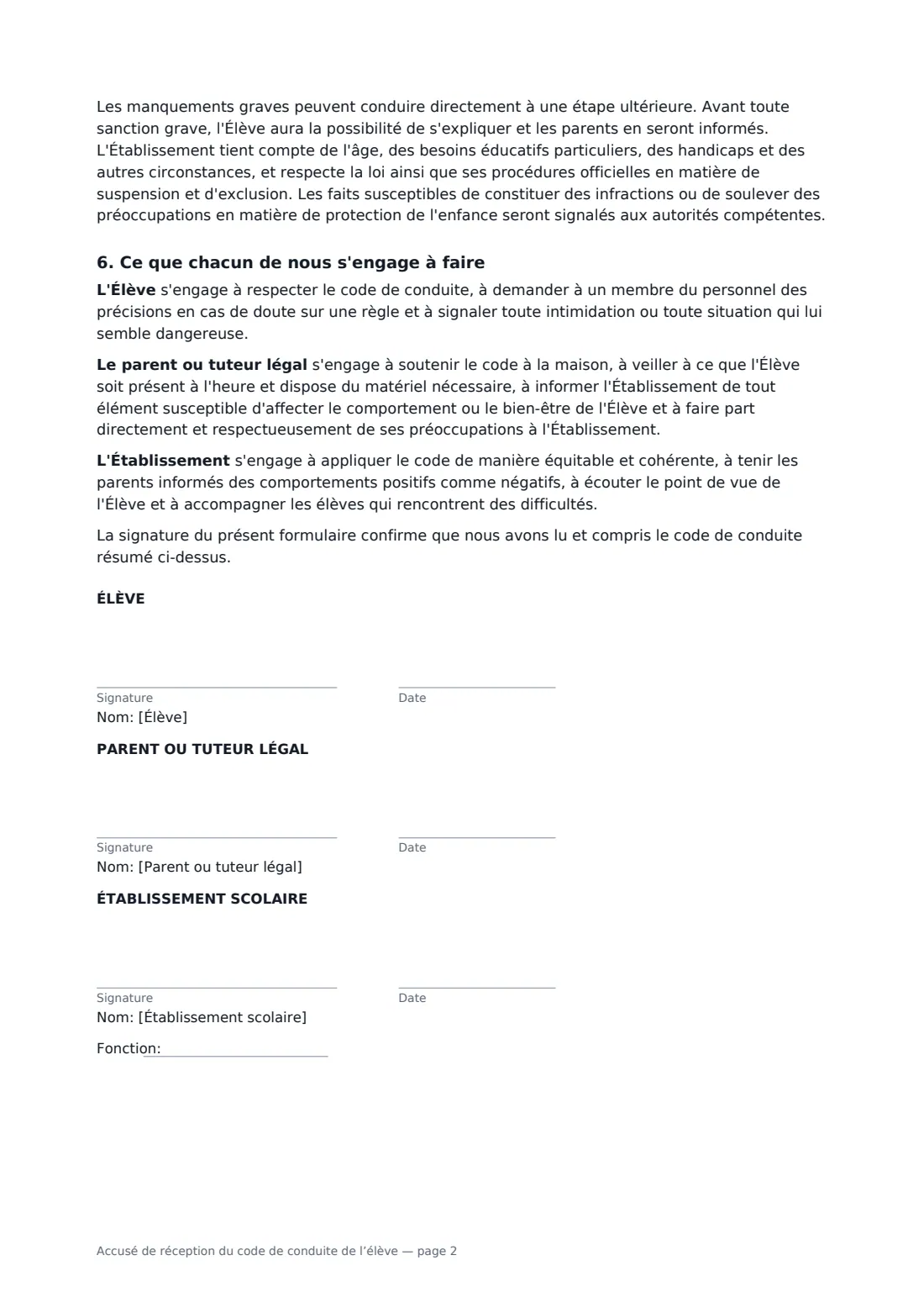 Accusé de réception du code de conduite de l’élève — page 2 sur 2
