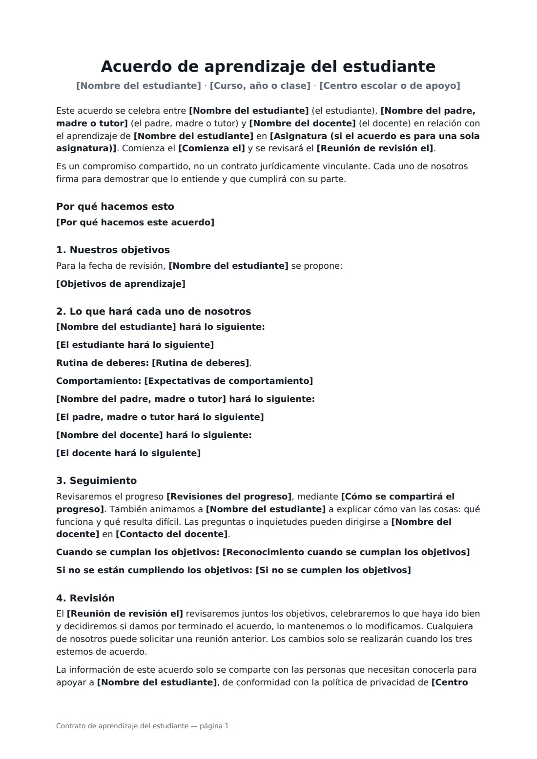 Contrato de aprendizaje del estudiante: página 1 de 2