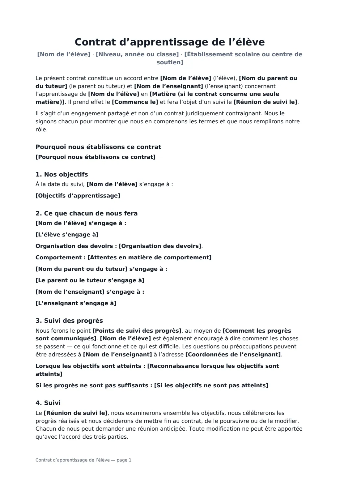 Contrat d’apprentissage de l’élève — page 1 sur 2