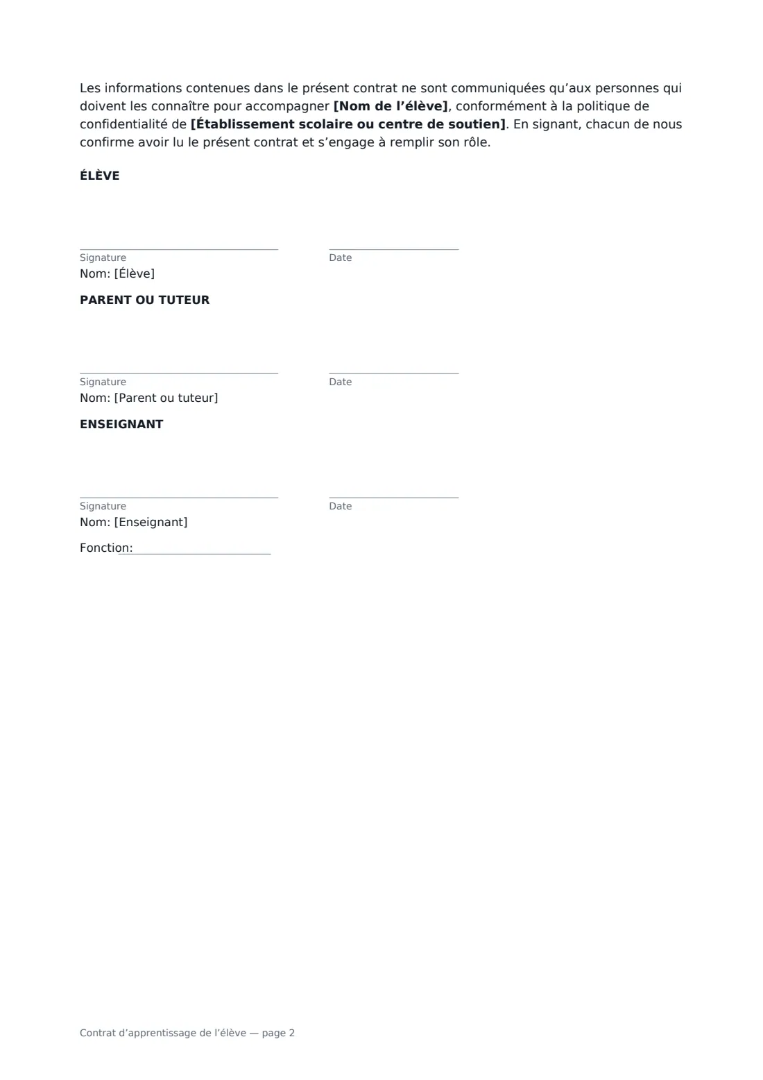 Contrat d’apprentissage de l’élève — page 2 sur 2
