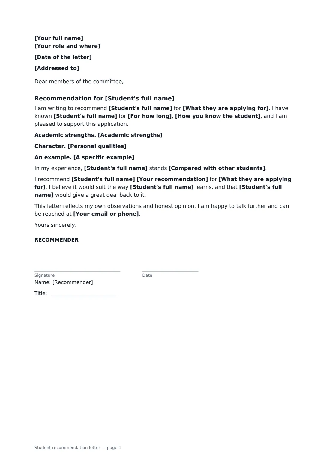 Student recommendation letter — page 1 of 1