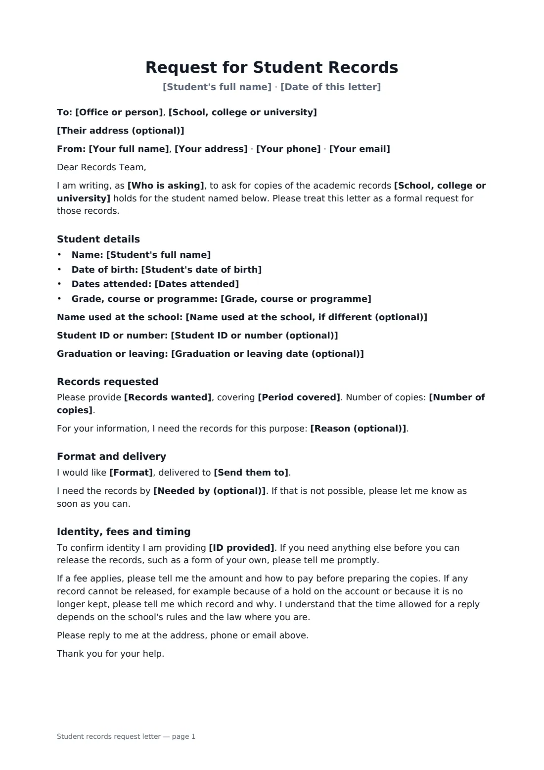 Student records request letter — page 1 of 2
