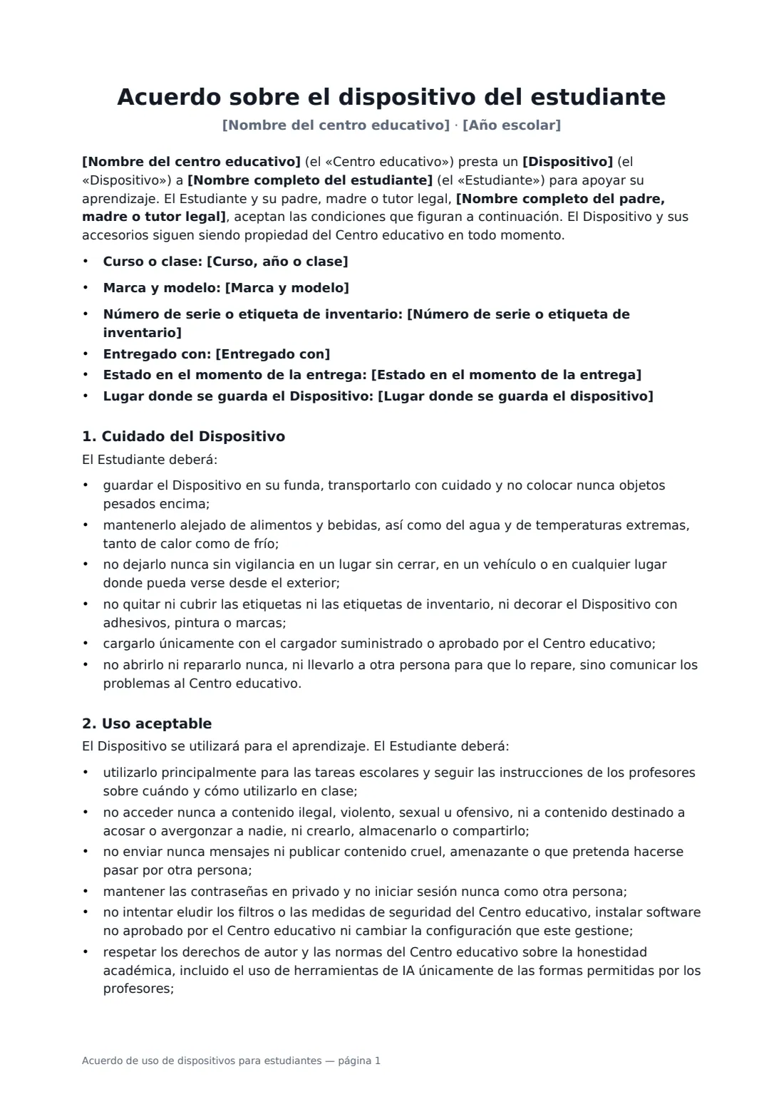 Acuerdo de uso de dispositivos para estudiantes: página 1 de 3