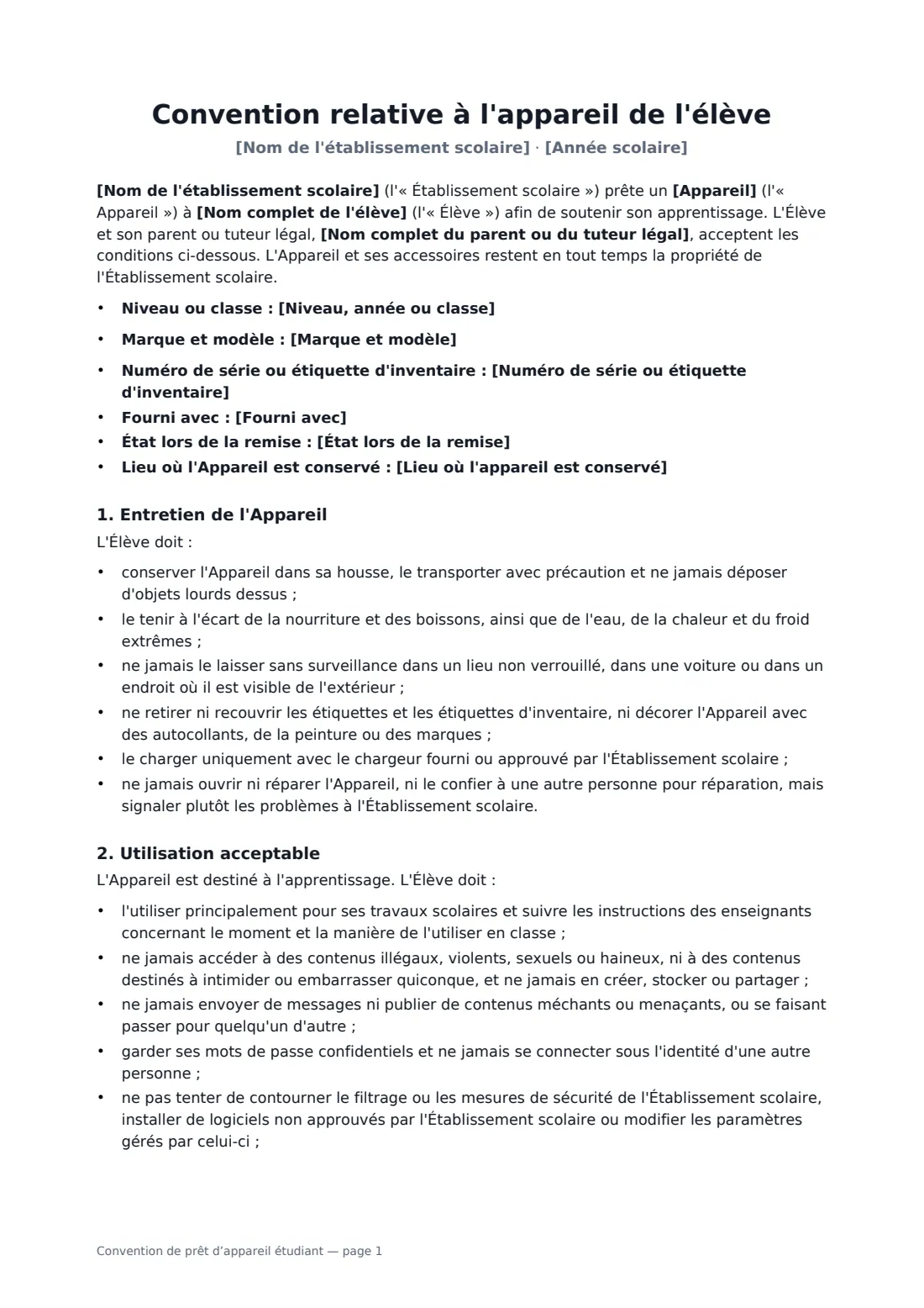 Convention de prêt d’appareil étudiant — page 1 sur 3