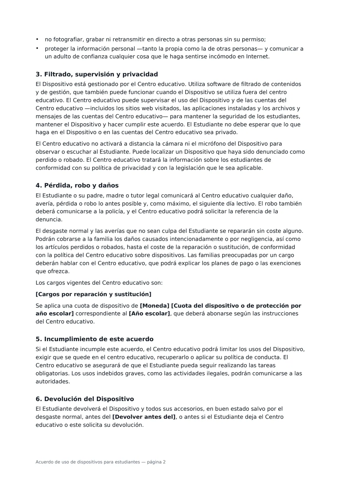 Acuerdo de uso de dispositivos para estudiantes: página 2 de 3