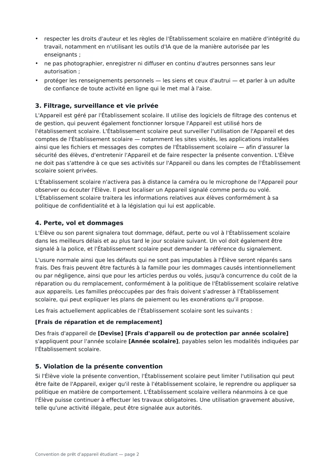 Convention de prêt d’appareil étudiant — page 2 sur 3