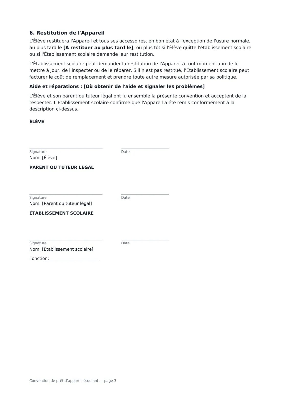Convention de prêt d’appareil étudiant — page 3 sur 3