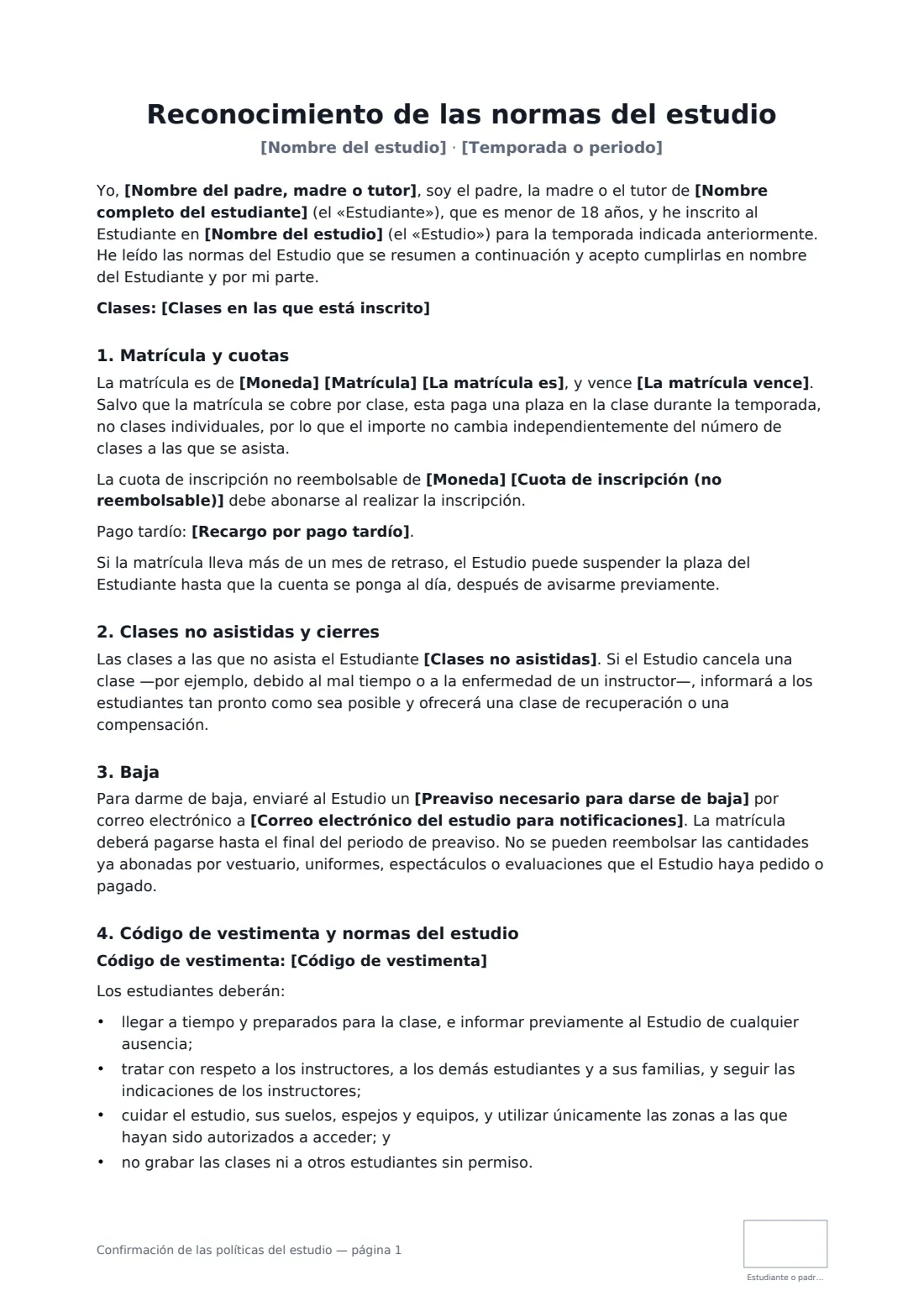 Confirmación de las políticas del estudio: página 1 de 2