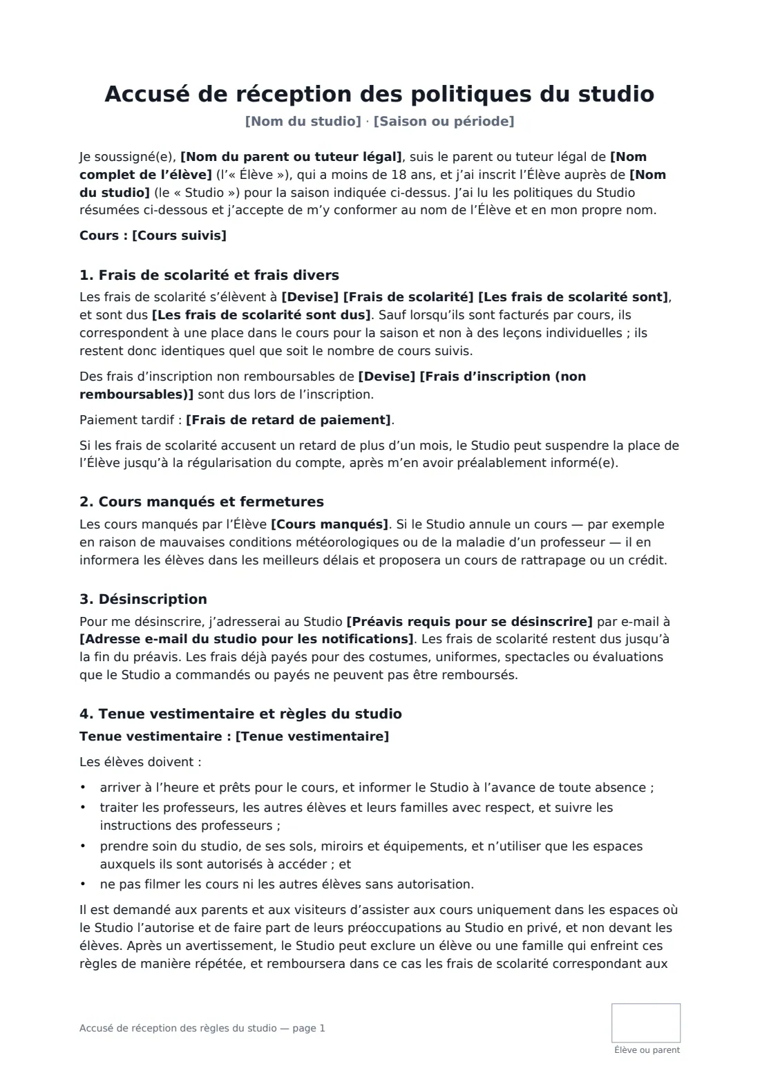 Accusé de réception des règles du studio — page 1 sur 2