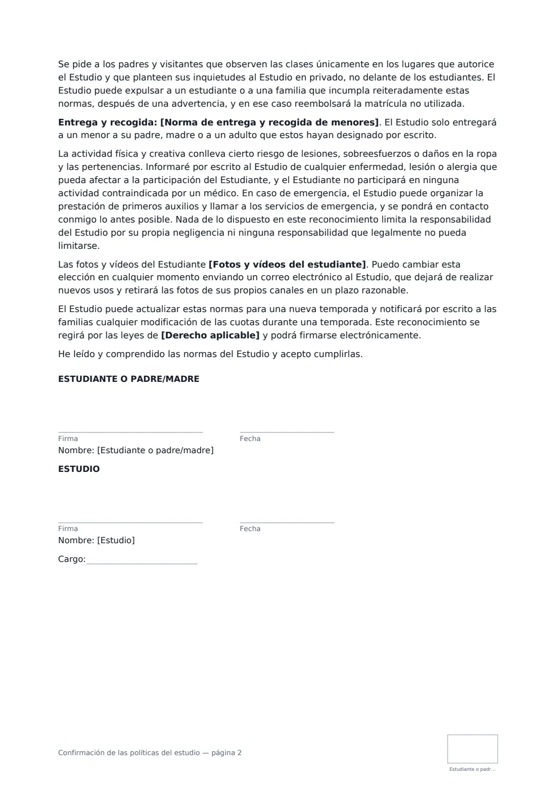 Confirmación de las políticas del estudio: página 2 de 2