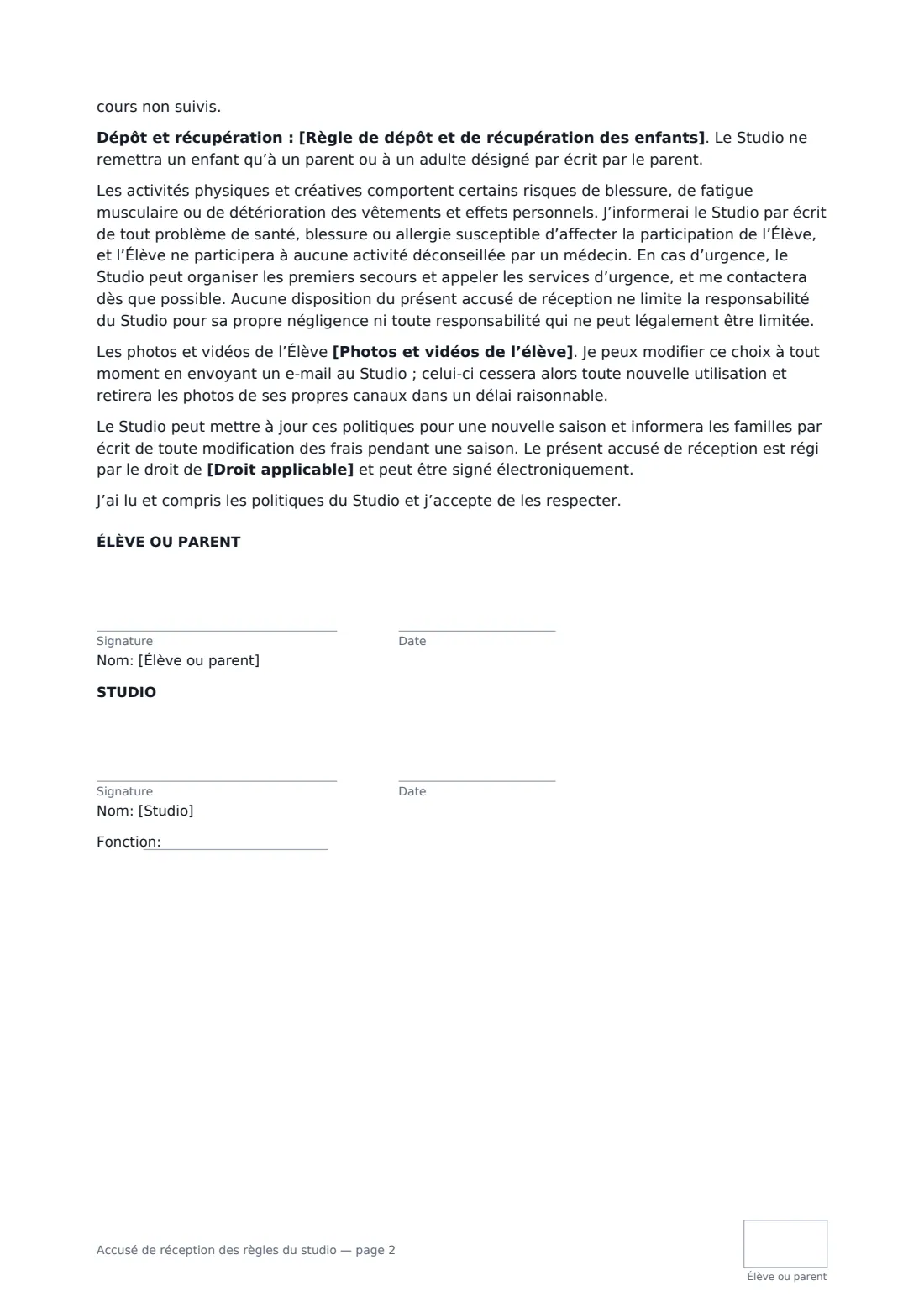 Accusé de réception des règles du studio — page 2 sur 2