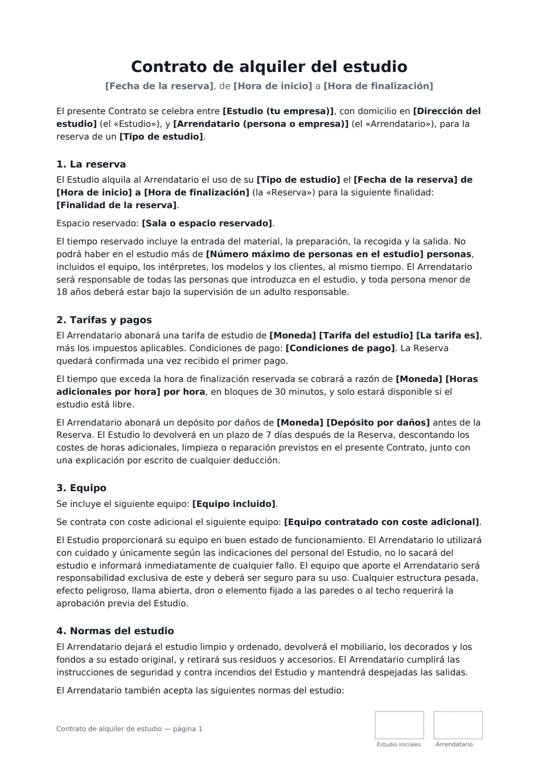 Contrato de alquiler de estudio: página 1 de 3