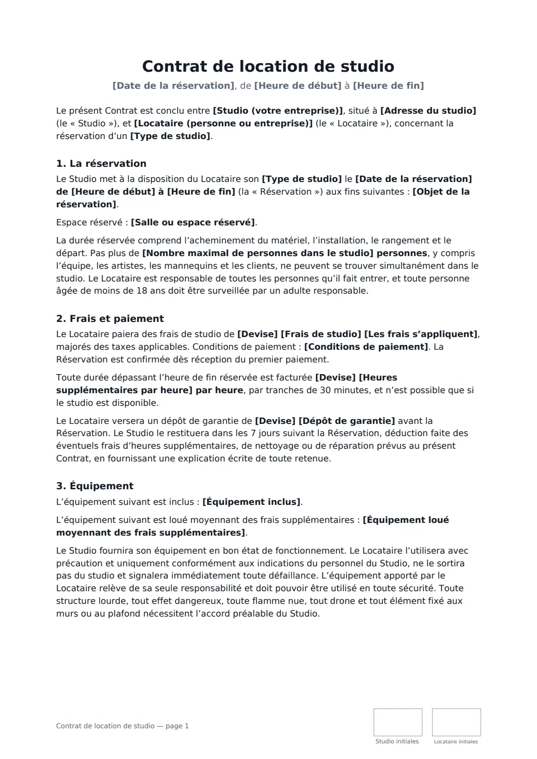 Contrat de location de studio — page 1 sur 3