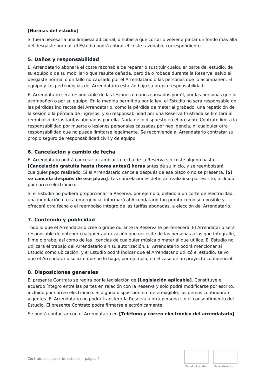 Contrato de alquiler de estudio: página 2 de 3