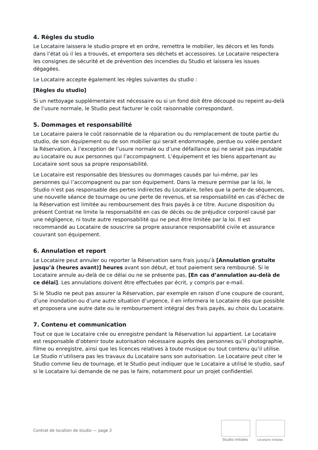 Contrat de location de studio — page 2 sur 3