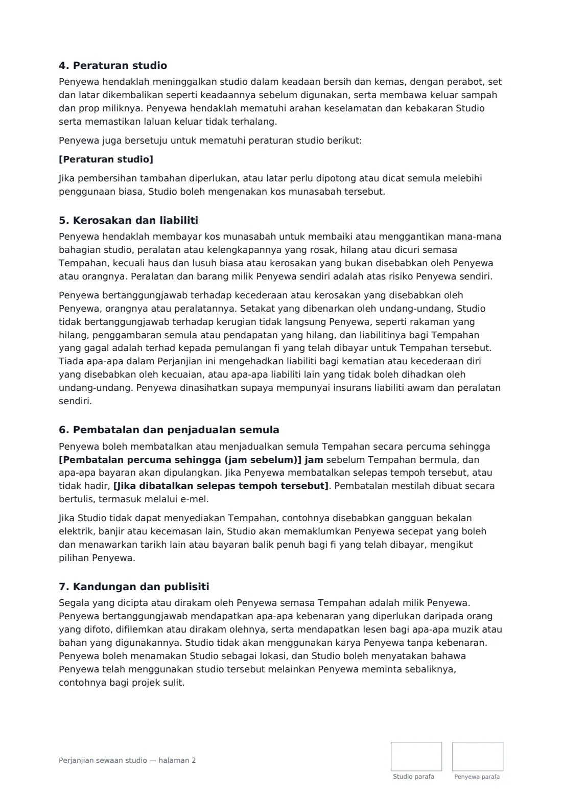 Perjanjian sewaan studio — halaman 2 daripada 3