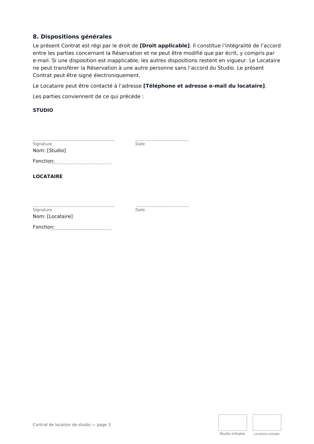 Contrat de location de studio — page 3 sur 3