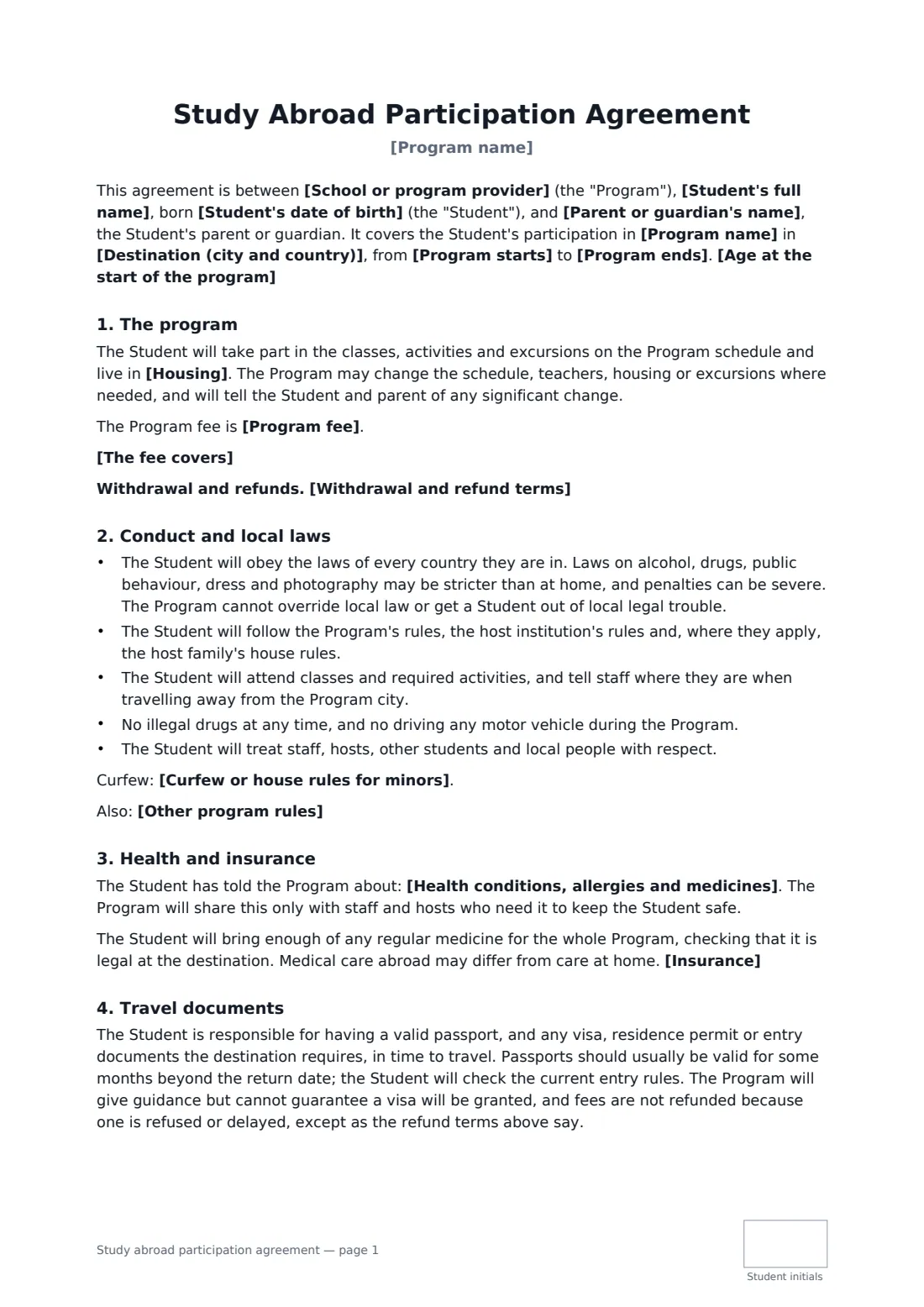 Study abroad participation agreement — page 1 of 3