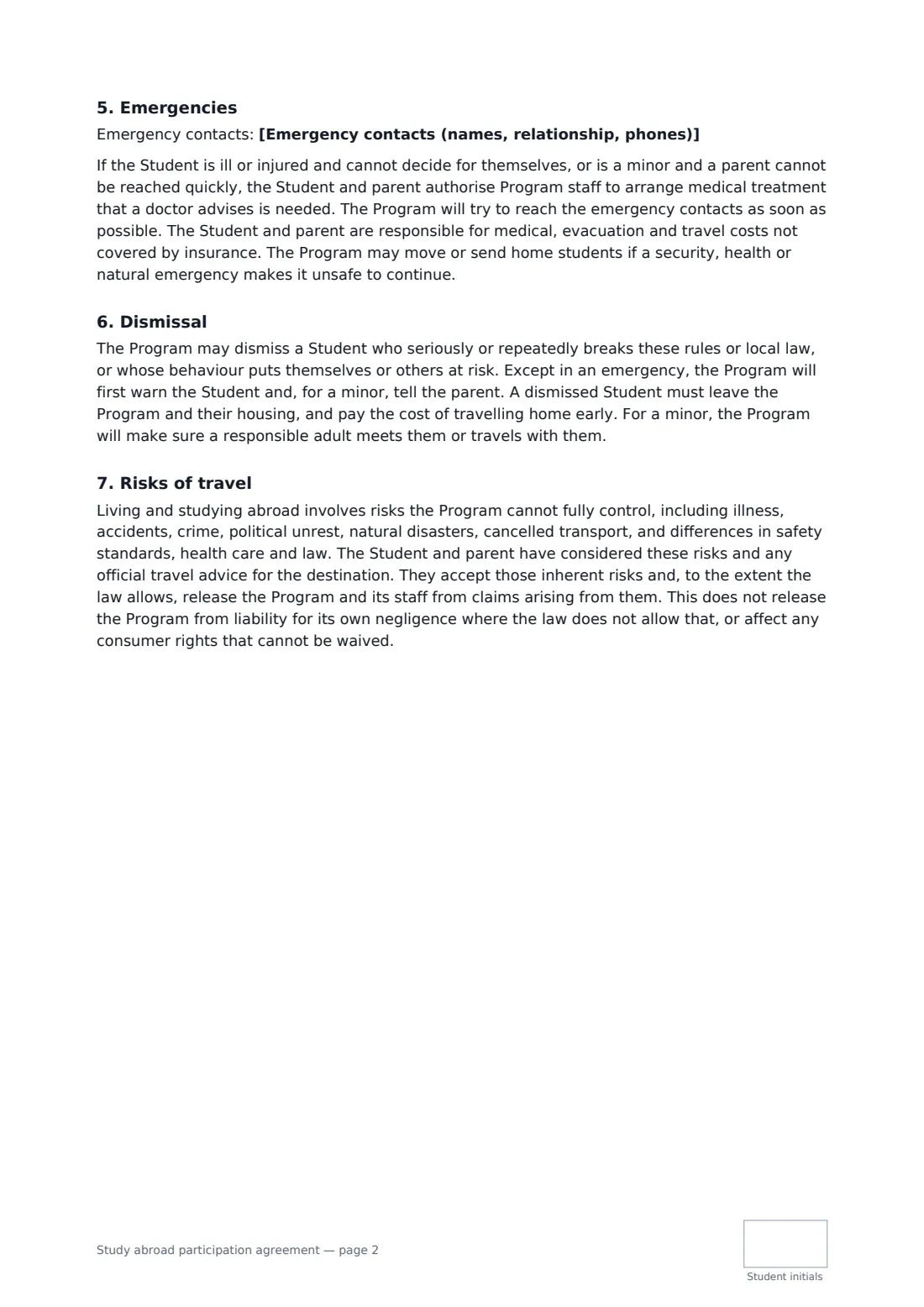 Study abroad participation agreement — page 2 of 3