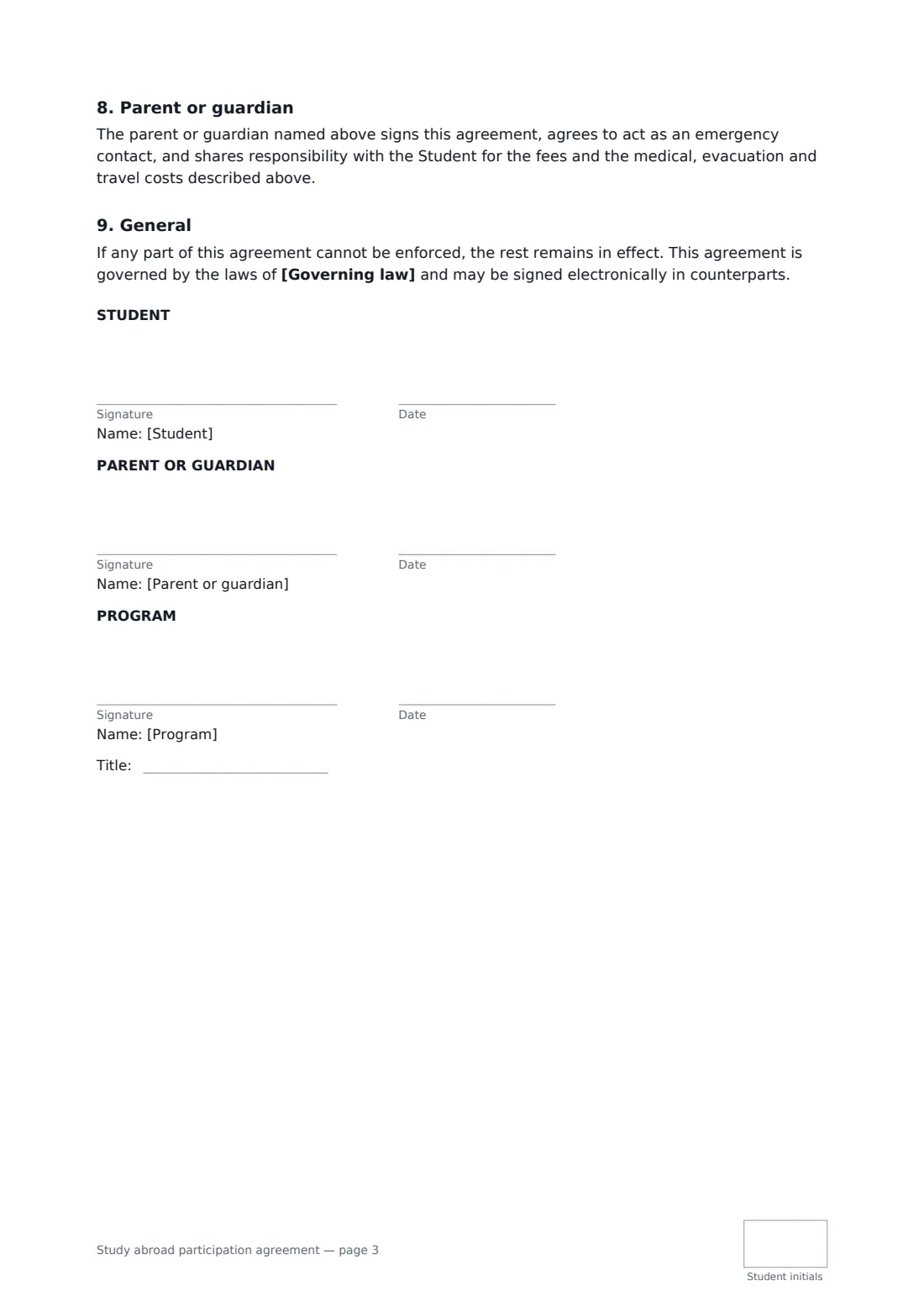 Study abroad participation agreement — page 3 of 3