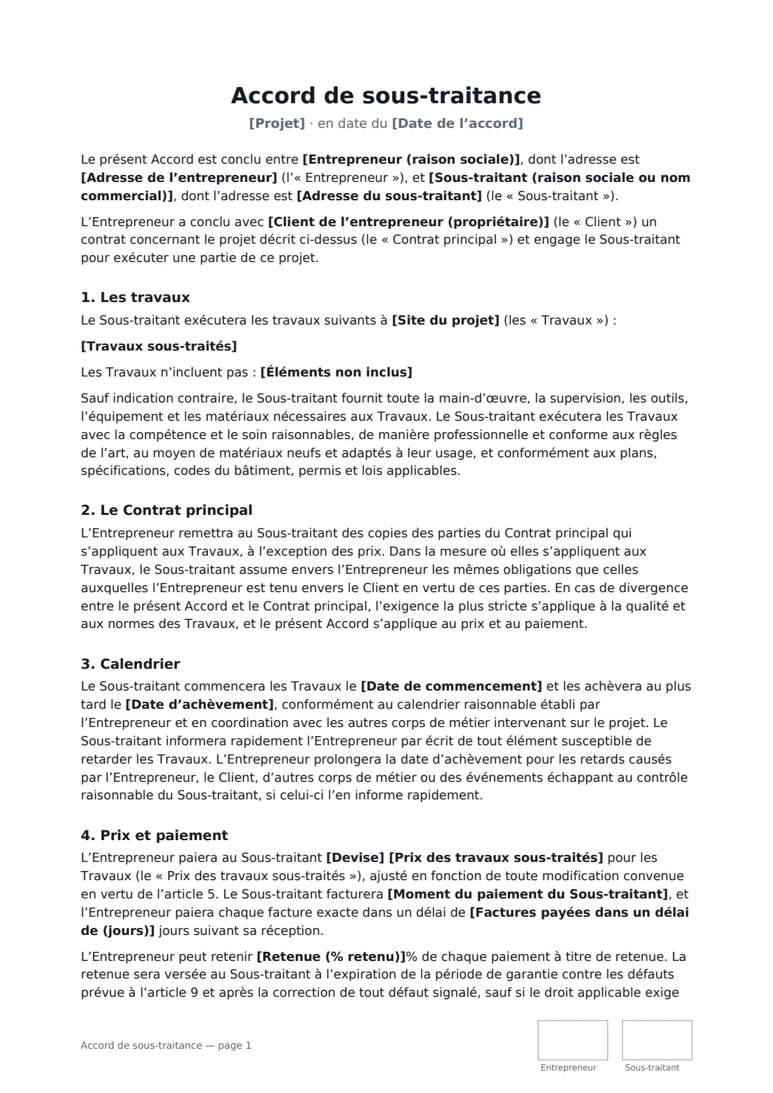 Accord de sous-traitance — page 1 sur 4
