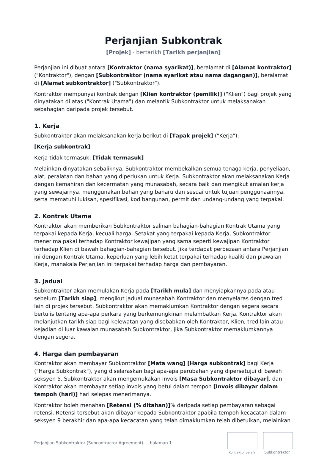 Perjanjian Subkontraktor (Subcontractor Agreement) — halaman 1 daripada 4