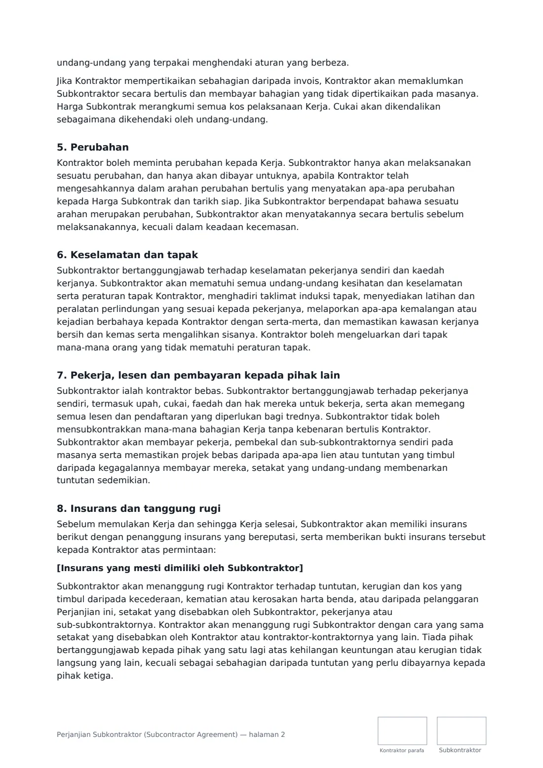 Perjanjian Subkontraktor (Subcontractor Agreement) — halaman 2 daripada 4
