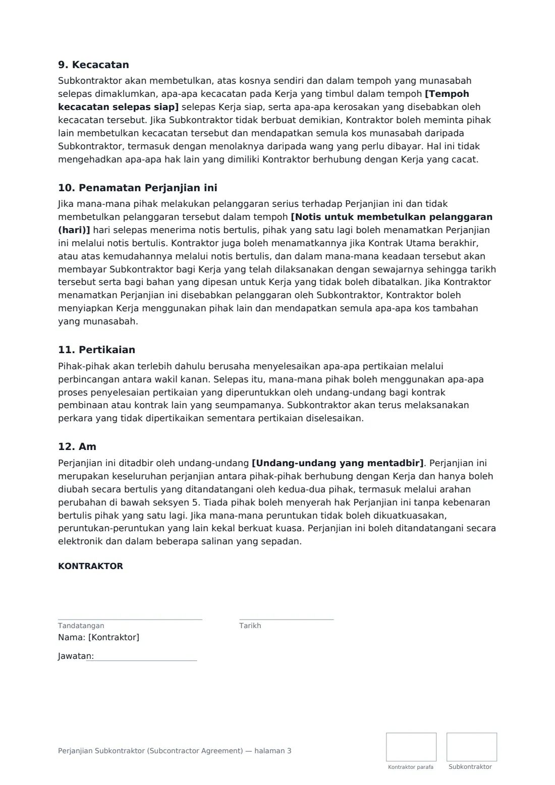 Perjanjian Subkontraktor (Subcontractor Agreement) — halaman 3 daripada 4