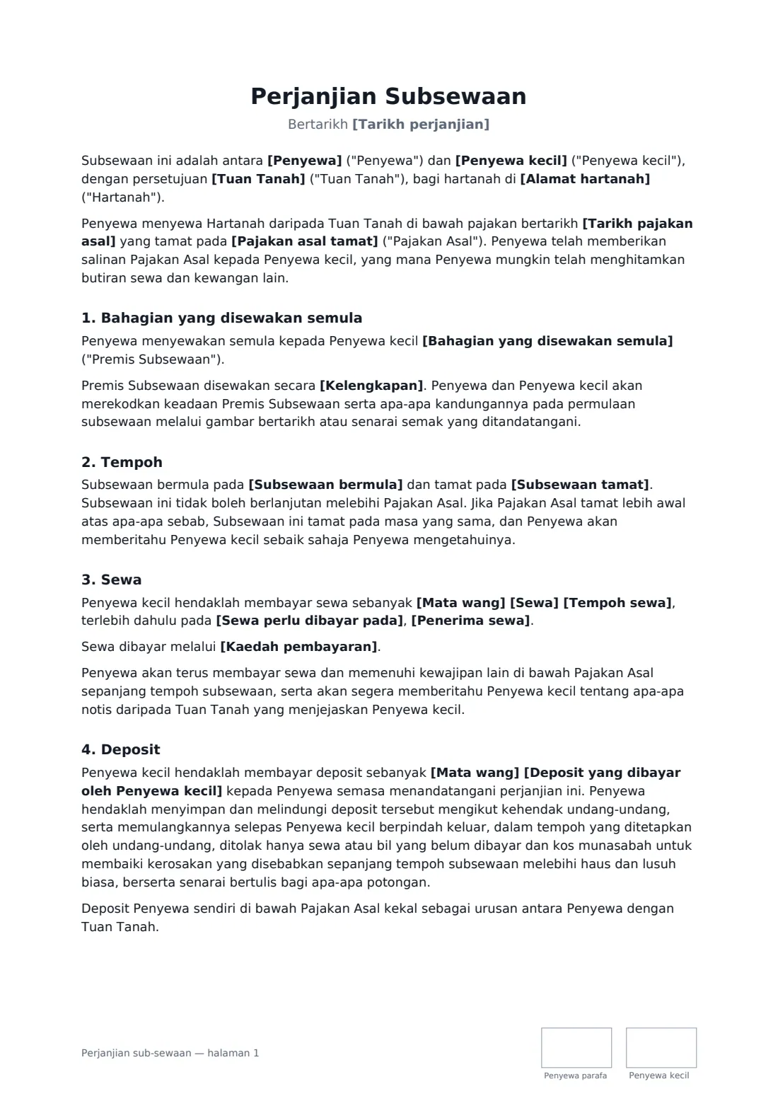 Perjanjian sub­sewaan — halaman 1 daripada 3