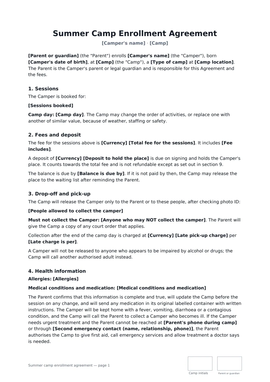 Summer camp enrollment agreement — page 1 of 3