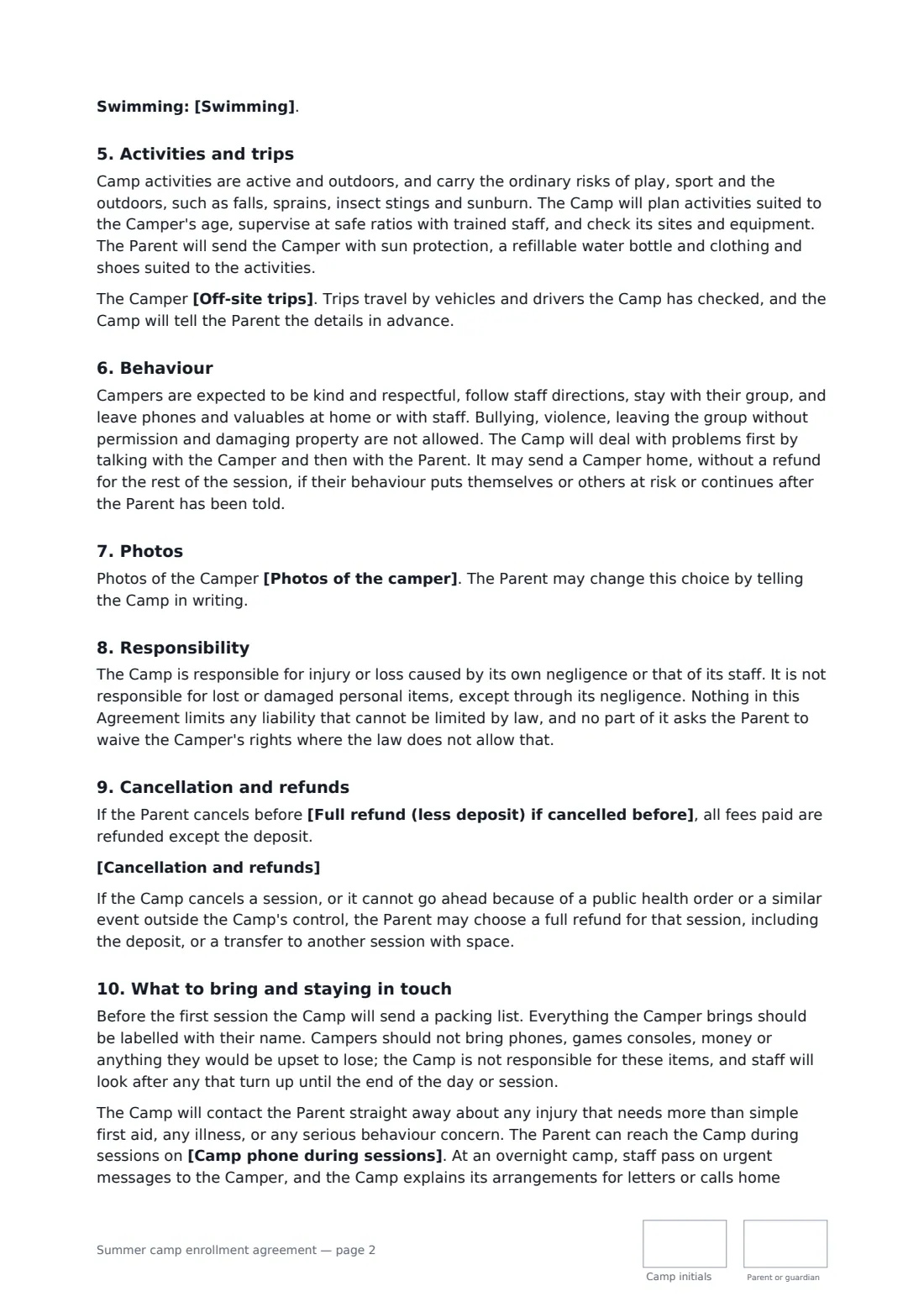 Summer camp enrollment agreement — page 2 of 3