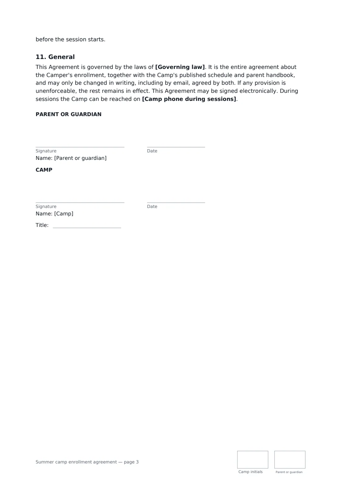 Summer camp enrollment agreement — page 3 of 3