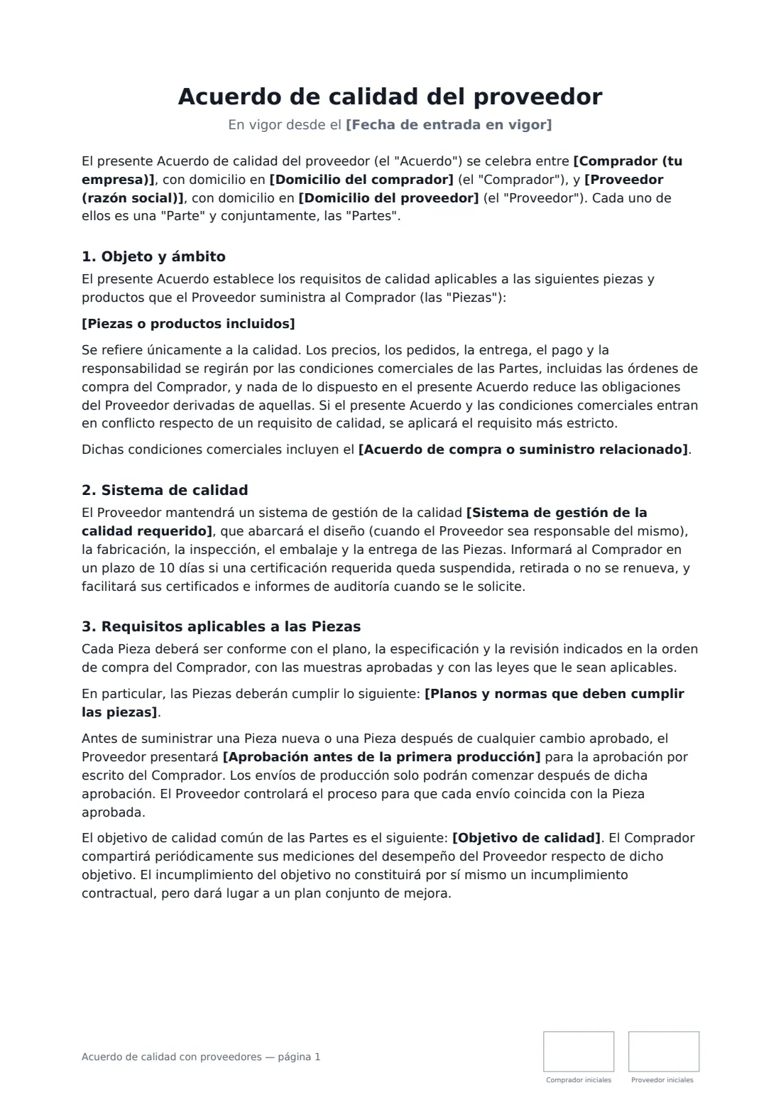 Acuerdo de calidad con proveedores: página 1 de 4