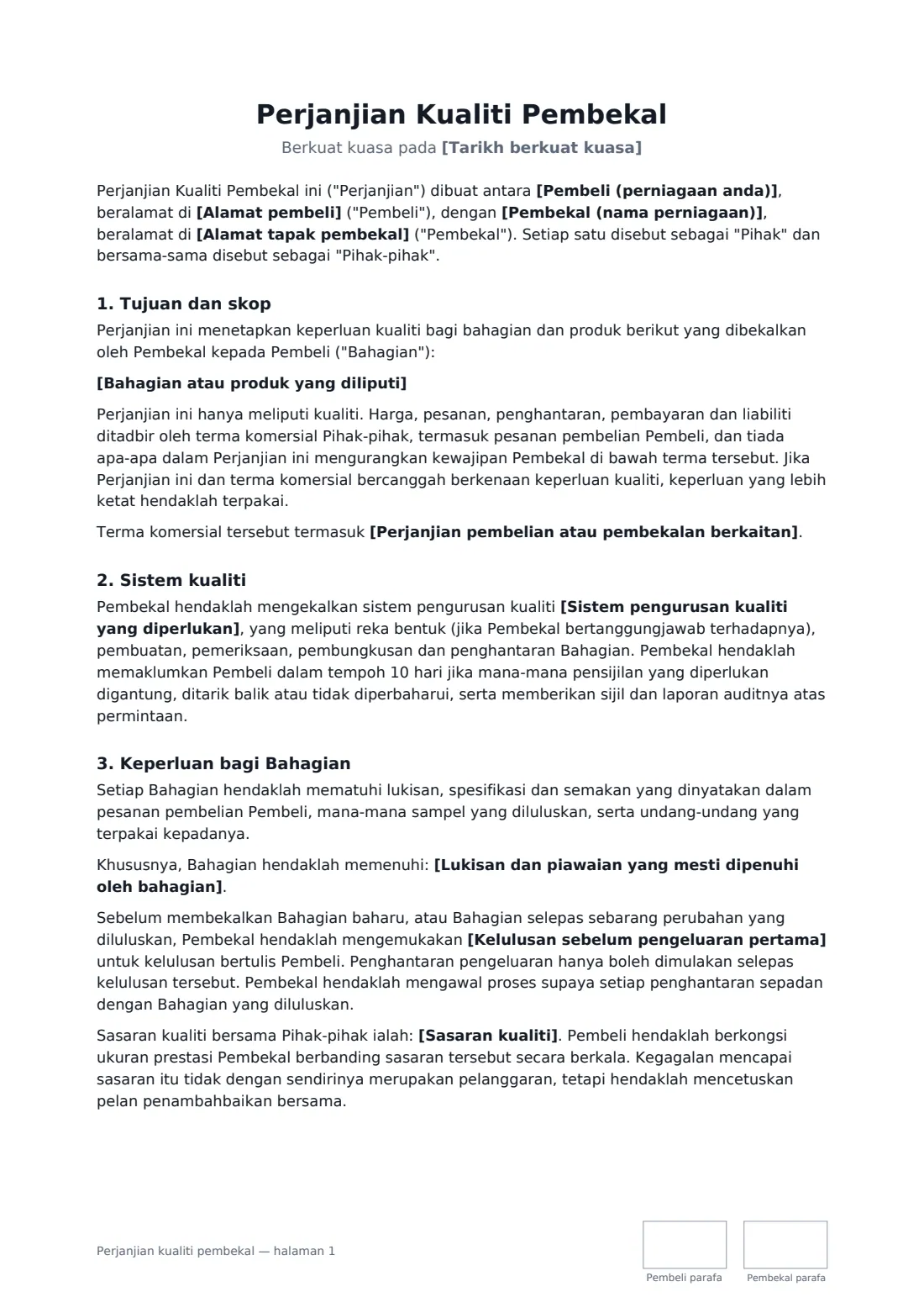 Perjanjian kualiti pembekal — halaman 1 daripada 4