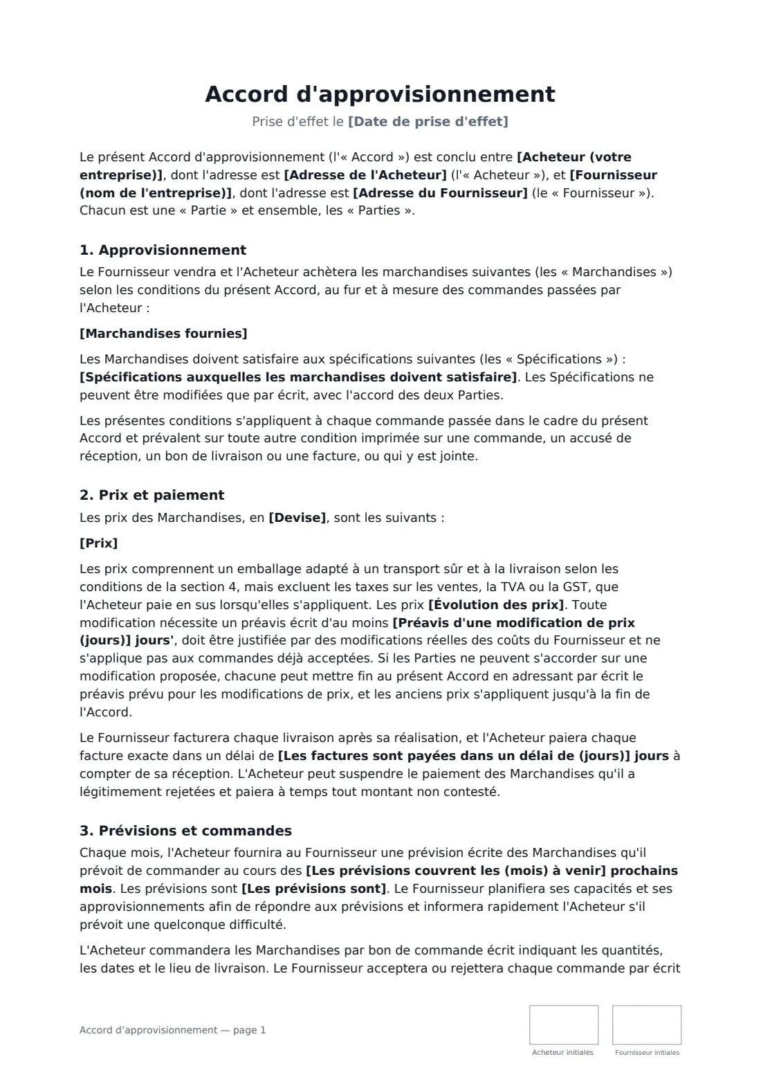 Accord d’approvisionnement — page 1 sur 4
