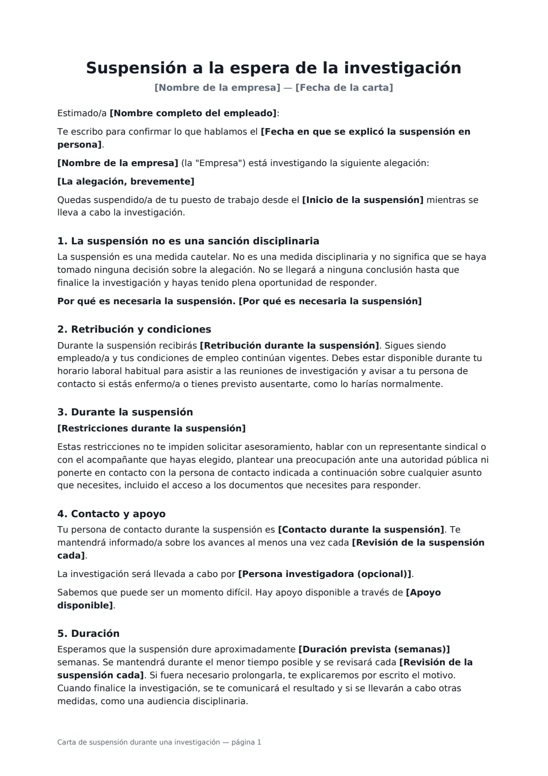 Carta de suspensión durante una investigación: página 1 de 2