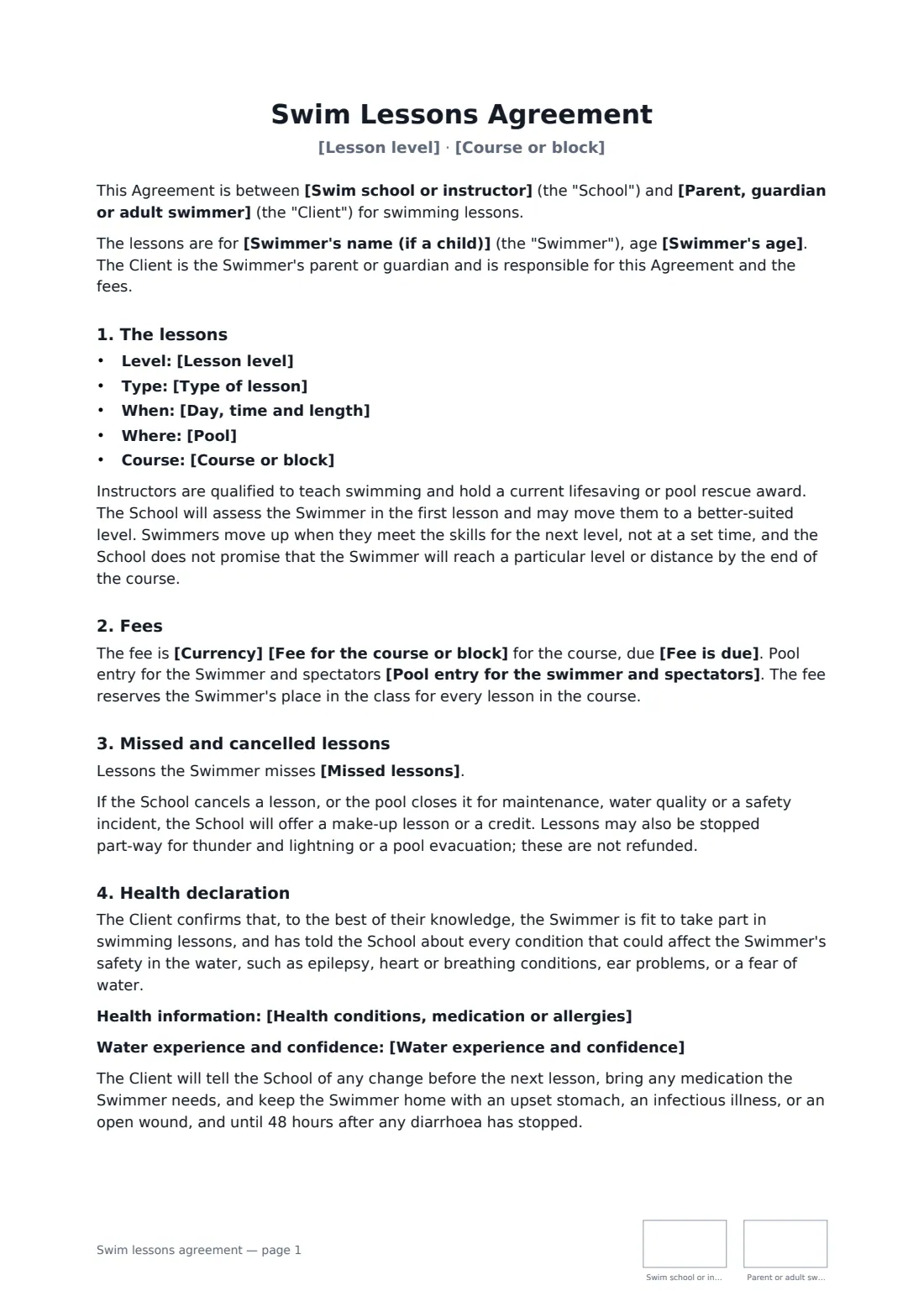 Swim lessons agreement — page 1 of 3