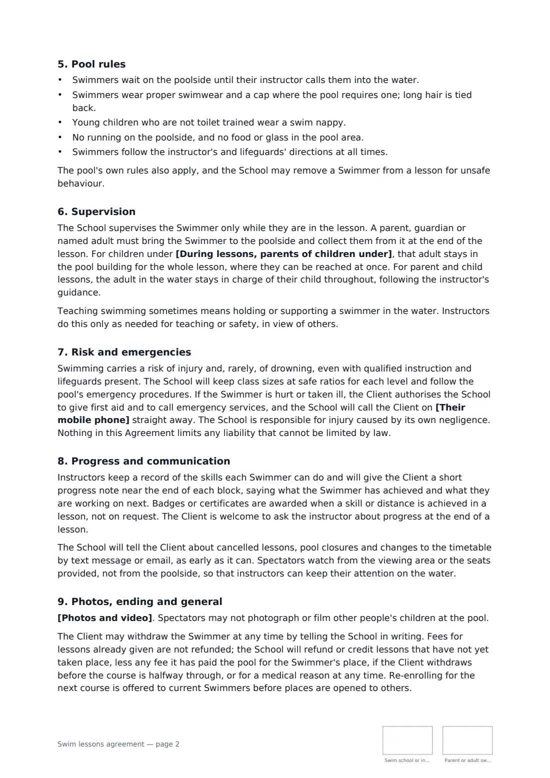 Swim lessons agreement — page 2 of 3