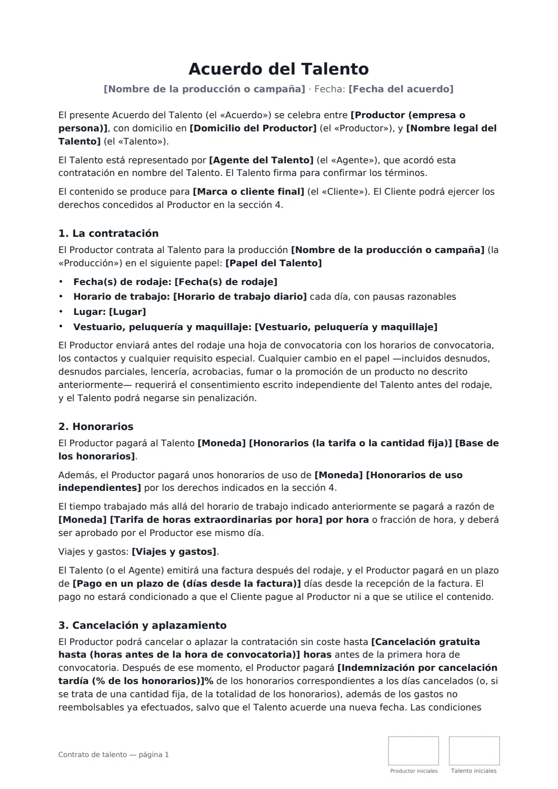 Contrato de talento: página 1 de 3