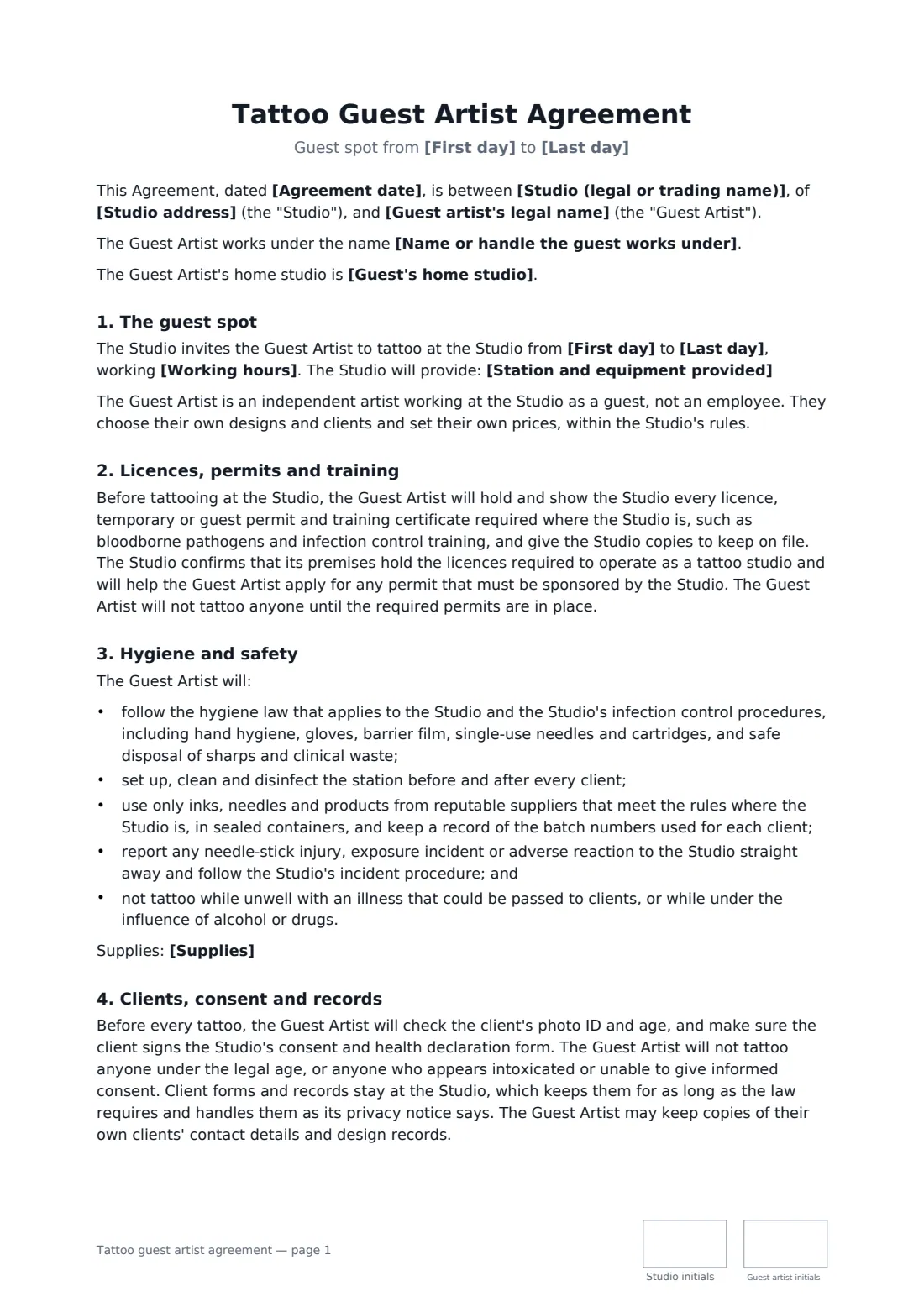 Tattoo guest artist agreement — page 1 of 3