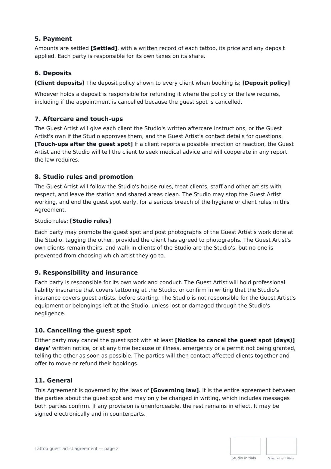 Tattoo guest artist agreement — page 2 of 3