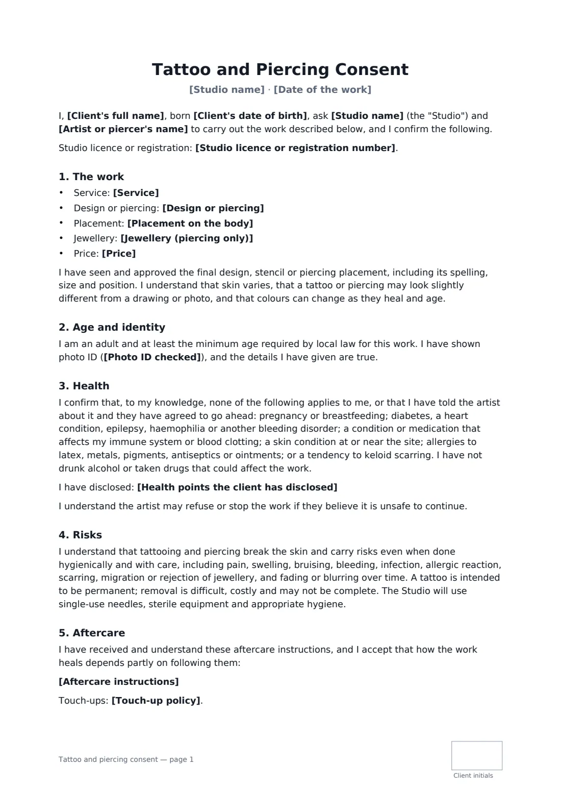 Tattoo and piercing consent — page 1 of 2