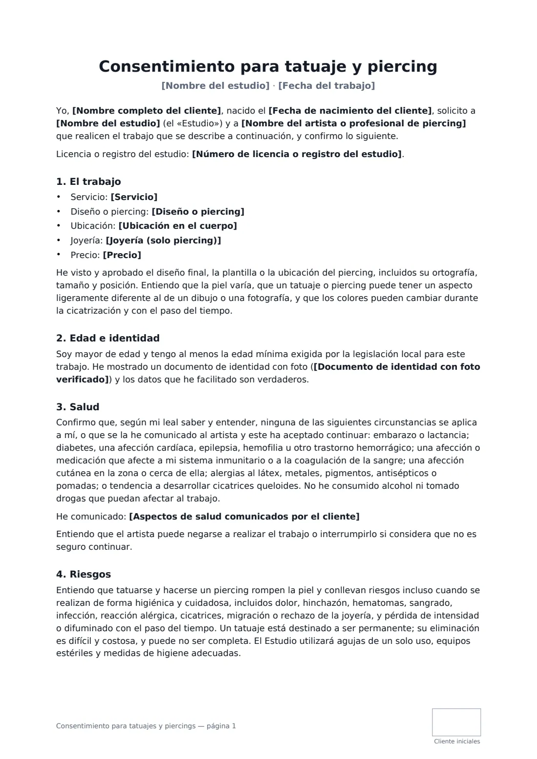 Consentimiento para tatuajes y piercings: página 1 de 2