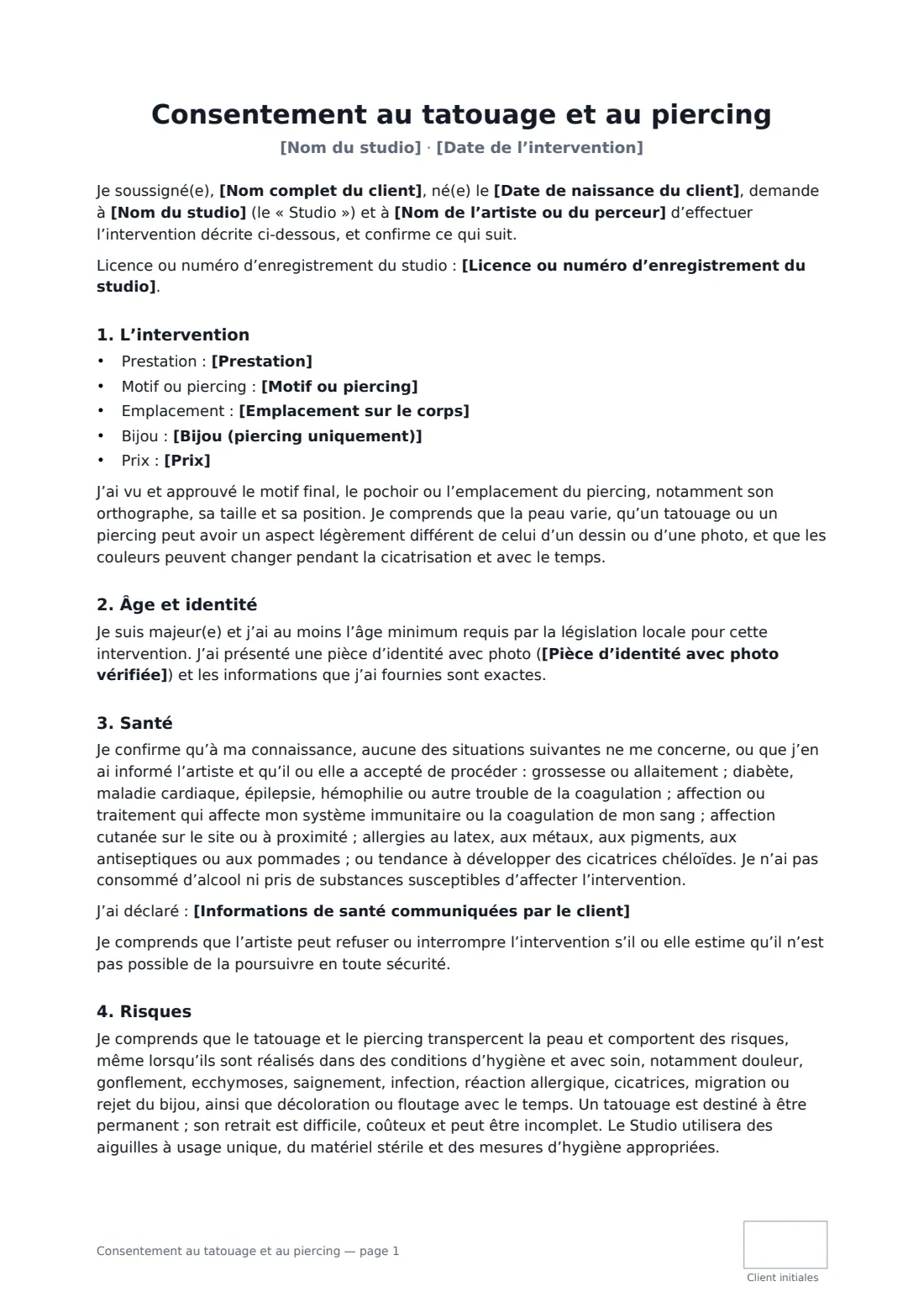 Consentement au tatouage et au piercing — page 1 sur 2